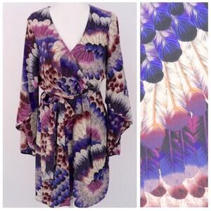Blossom & Honey 100% Silk Feather Print Flare Sleeve Midi Dress with Tie Belt L